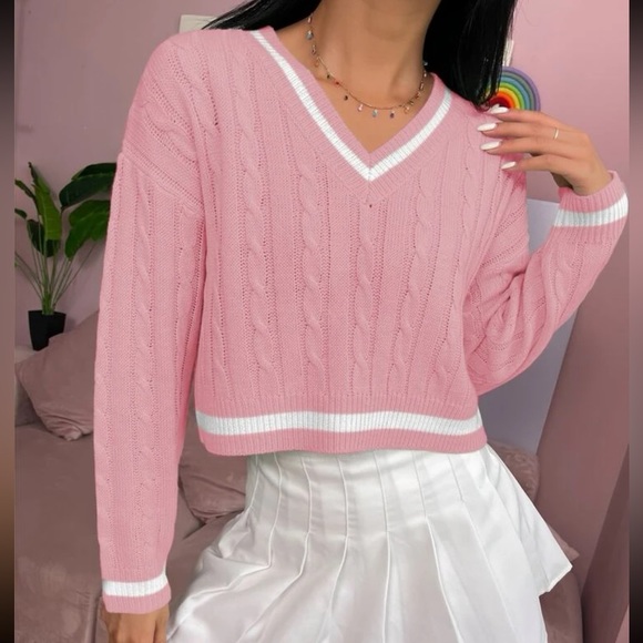SHEIN Sweaters - SHEIN Baby Pink Striped Trim Cable Knit Sweater